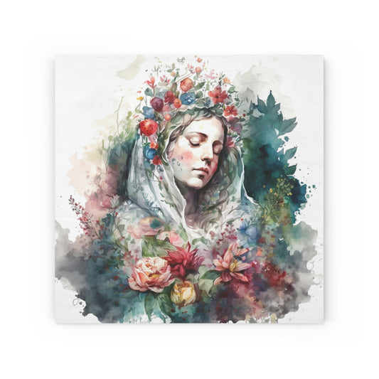 Watercolor Mary with flowers, Wood Canvas