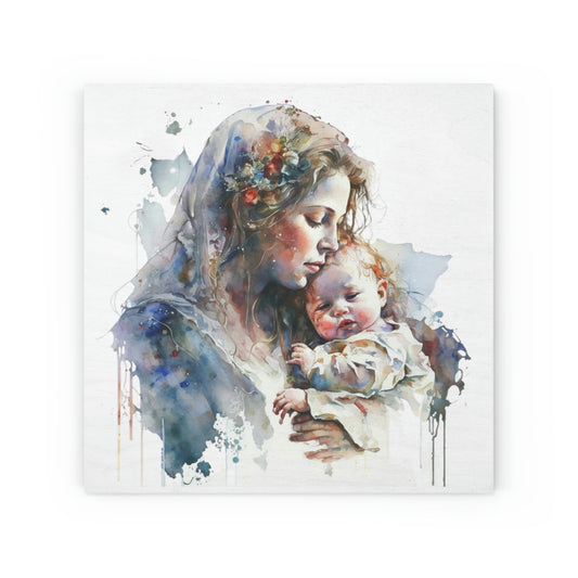 Mary and baby Jesus watercolor, Wood Canvas