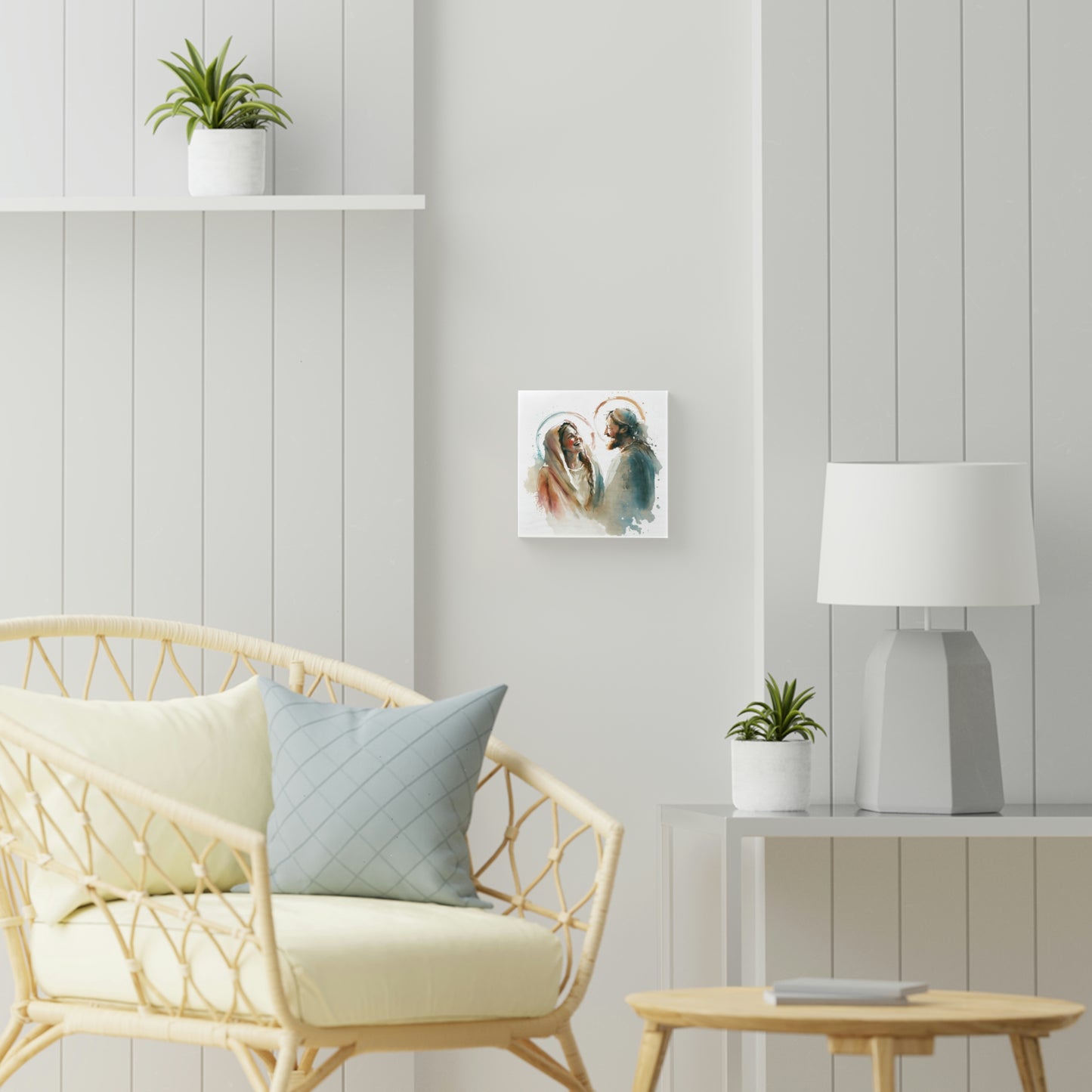 Mary and Joseph watercolor, Wood Canvas